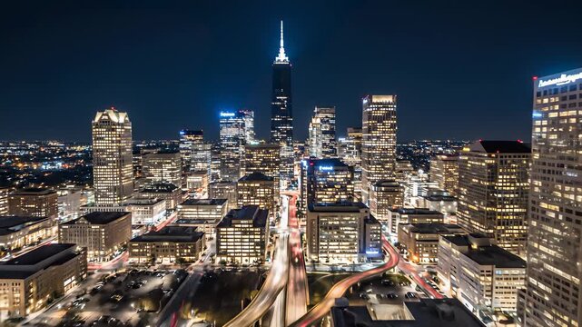 Atlantas Urban Landscape at Night Captures the Concept of Innovation, Progress, and Global Connectivity Perfectly Embodies Technological Advancement or Entrepreneurial Spirit in 4K UHD Aerial.