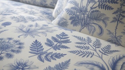 Elegant blue and white botanical print bedding set with intricate fern and floral patterns on soft fabric under bright studio lighting conveying a serene mood