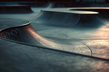 Empty concrete skatepark ramps with graffiti reflecting the golden hour light at dusk, creating a dramatic and evocative scene