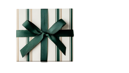 Square gift box with striped wrapping and a dark green ribbon bow on white backdrop