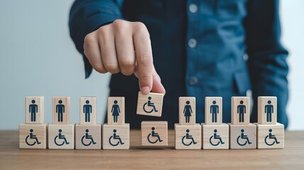 Person in blue shirt knocking over wooden block with wheelchair symbol among other blocks with human figures