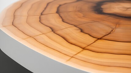 Detailed close up view of a natural polished wood slab showing intricate growth rings and beautiful organic cracks with warm tones and soft studio lighting