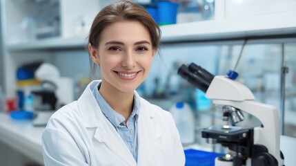 Woman happy scientist in white lab coat standing in modern laboratory, research, and analysis. Education, science, and healthcare concept.