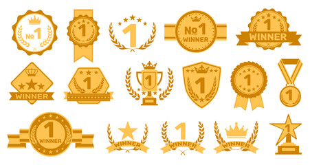Winner flat labels. Award gold badges with cups ribbons and golden crowns, medals design, trophy stickers and emblems, premium quality best tags, first place qualitative vector isolated set