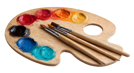 Wooden artist's palette with assorted vibrant paint colors and paintbrushes arranged on top