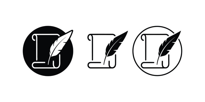 Set of quill pen and scroll icons in black, white, and outlined