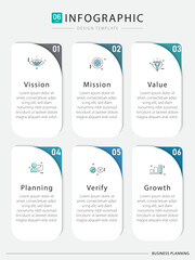 Business infographic template. 6 Step timeline journey. Process diagram, 6 options on white background, Infograph elements, technology, education, modern vector illustration.