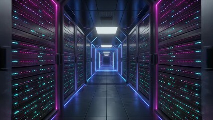A futuristic data center corridor with rows of servers, illuminated by colorful LED lights in blue and pink, creating a high-tech atmosphere - Powered by Adobe