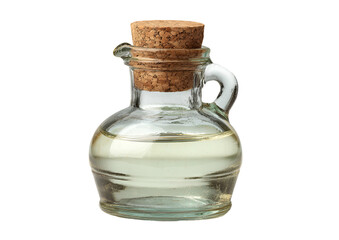 Small glass cruet with a cork, filled with a clear liquid, against a black background
