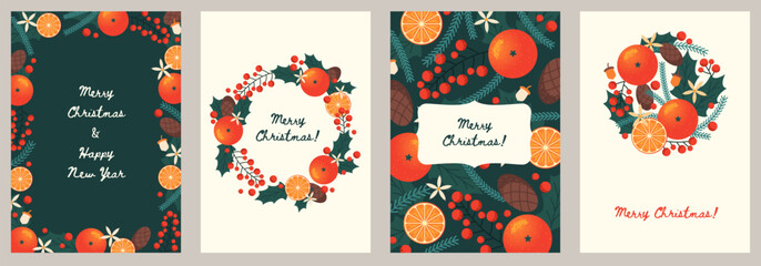 Mandarin christmas cards. Fresh orange citrus, wreaths and frames, winter holidays spirit, twigs, berries and fruits decor, decorative background with text tidy vector isolated set