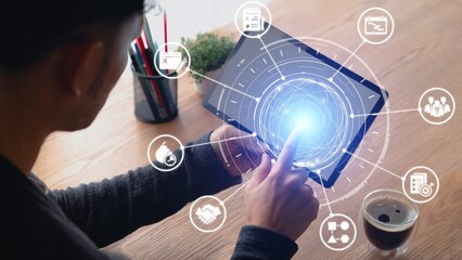 Concept of task management optimizes business efficiency. This system streamlines workflows,...