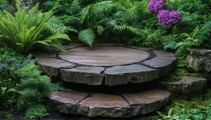 Irregular wet stone steps ascend through a lush, verdant garden filled with ferns and purple blooms