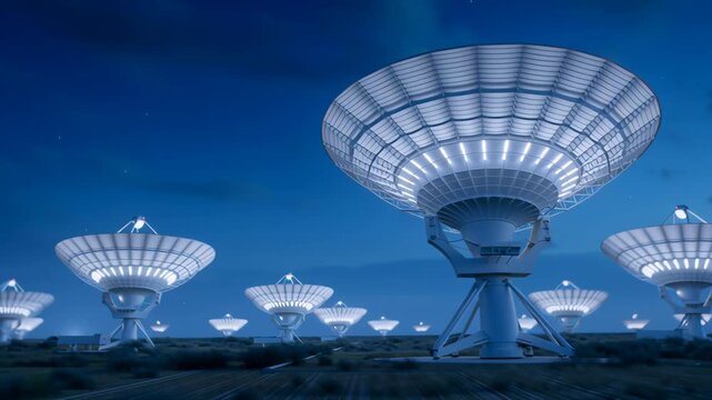 Radio telescope array at dusk with glowing satellite dish antennas under deep blue sky capturing signals in futuristic scientific environment