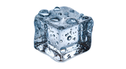 A clear ice cube with water droplets, appearing cold and refreshing against a void