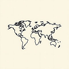 Outline map of world continents landmasses shown in simple black line drawing on light background
