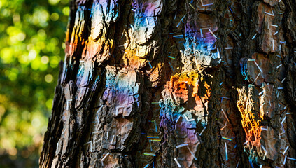 Close-up of Iridescent Beetle Shells on Tree Bark