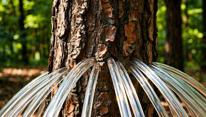 Close-Up of Pine Needles on a Rough Tree Trunk