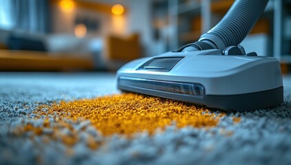 Vacuum cleaner head about to clean vibrant orange debris from a light textured carpet