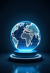 Holographic blue earth globe 3d digital rendering displaying futuristic world connectivity technology and global communication networks concept