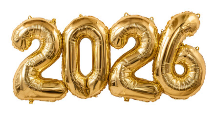 Shiny golden balloons spelling out "2026", with numbers isolated on black background