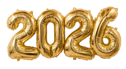 Shiny golden balloons spelling out "2026", with numbers isolated on black background