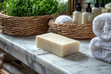 Rectangular handmade soap bar on marble, surrounded by natural bath accessories and plants