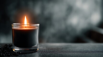 Close-up of a lit black candle in a glass holder, with blurred background