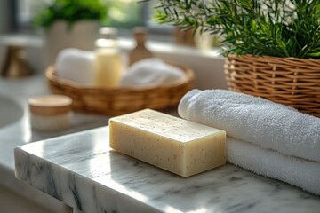 Bar of artisanal soap on marble with fluffy white towels and green plants in a bright bathroom