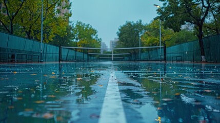 wide shot of empty tennis court during heavy rain, puddles forming