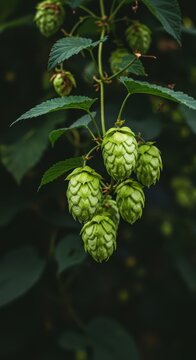 Vibrant, fresh green hop cones hanging from the bine, ready for harvest. Essential ingredient for craft brewing and flavoring beer, agriculture, beverage, raw