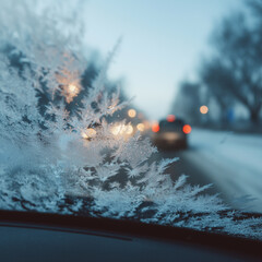 겨울 저녁, 성에 낀 유리 너머의 도로 풍경