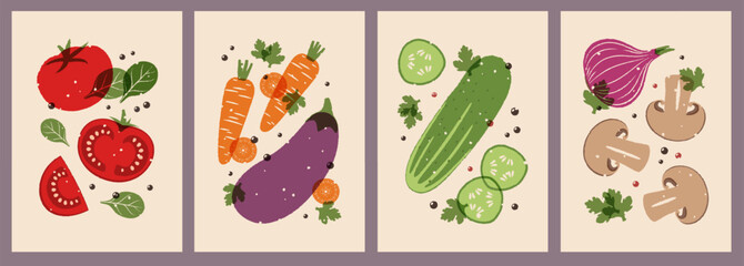Contemporary vegetables cards. Whole and sliced cucumbers, fresh tomatoes, mushrooms and carrots, vegetarian food compositions, healthy cuisine for menu, poster and print classy vector set