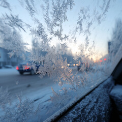 겨울 저녁, 성에 낀 유리 너머의 도로 풍경