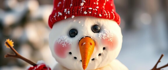 A snowman with mismatched buttons and a broken carrot nose,  odd, snowman