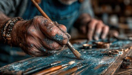 A person's paint-splattered hands meticulously work on an art piece with a brush