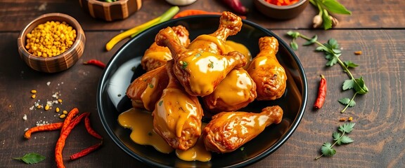 Honey mustard chicken wings and legs glistening on a black plate, surrounded by vibrant Indian spices on a textured wooden table,  restaurant setting,  culinary delight