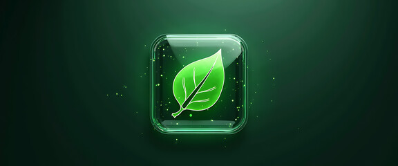 Nature and ecology concept icon modern 3d illustration showing a single green leaf within a clear transparent glass square frame