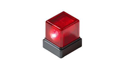 A red, flashing, cubic light on a dark background, potentially for emergency