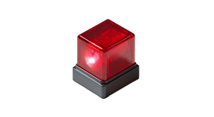 A red, flashing, cubic light on a dark background, potentially for emergency