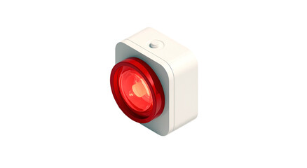 3D rendered cube-shaped electronic device with a prominent red lens and button