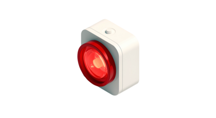 3D rendered cube-shaped electronic device with a prominent red lens and button