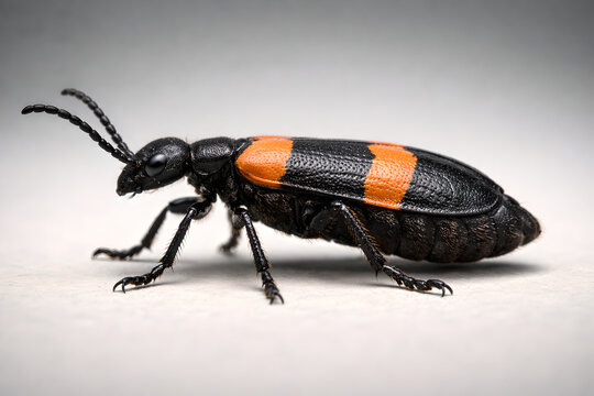 Photorealistic 3D medical concept of mild contact dermatitis from blister beetle exposure: blister beetle near a small localized redness patch on human forearm skin