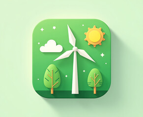 Windmill icon in green nature landscape with trees sun cloud and stars symbolizing renewable energy and eco friendly environment