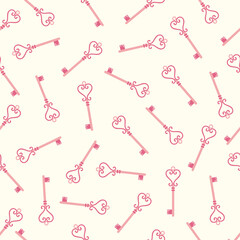 Seamless pattern of scattered pink vintage skeleton keys with heart-shaped bows 