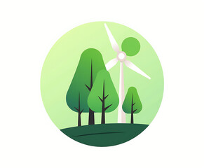Circular icon with wind turbine and trees in green landscape symbolizing renewable energy and eco friendly environment