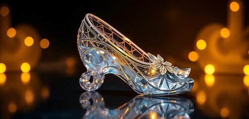 Illuminated crystal slipper with intricate details, casting a soft, ethereal glow on a dark background,  sparkle,  enchanting