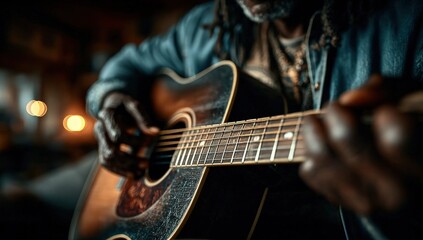 Fototapeta premium Dark-skinned person with dreadlocks playing an acoustic guitar in warm, dim light