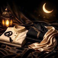 Elegant traditional attire and accessories under moonlight