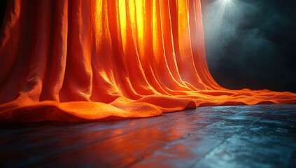 Vibrant orange theatrical curtains illuminated by spotlights on a smoky dark stage