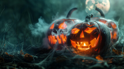 Creepy setup with glowing pumpkins and mysterious moonlight in the forest